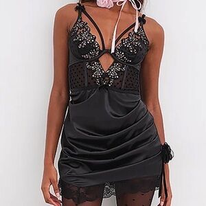 NWT For Love & Lemons S Caprice Slip Dress Satin Bows Embroidery Cut Out Rose